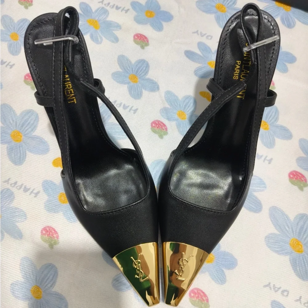 Saint Laurent Black Slingback Heels with Gold Pointed Cap - Picture 2 of 16